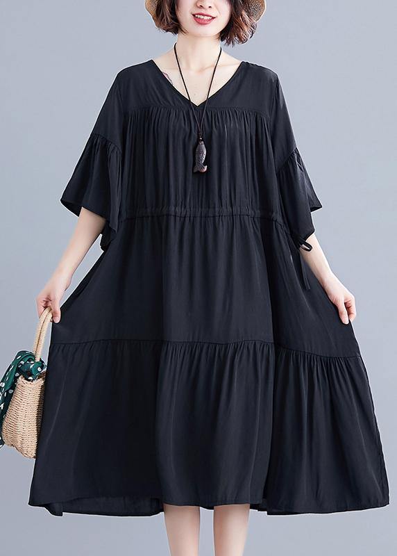 Modern V Neck Drawstring Cotton Dresses Wardrobes Black Dress Summer