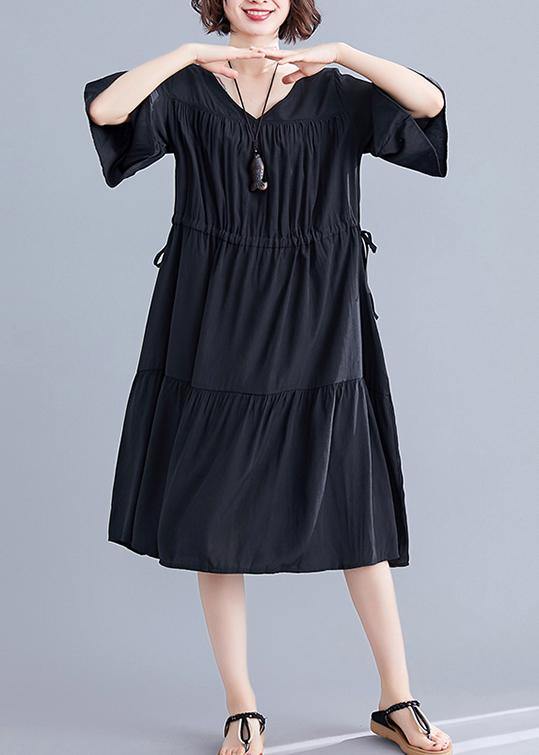 Modern V Neck Drawstring Cotton Dresses Wardrobes Black Dress Summer
