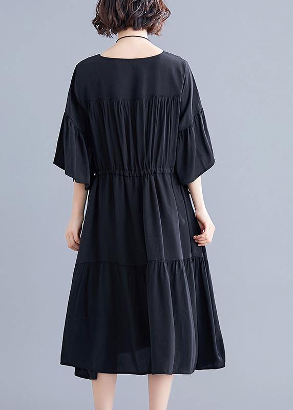 Modern V Neck Drawstring Cotton Dresses Wardrobes Black Dress Summer