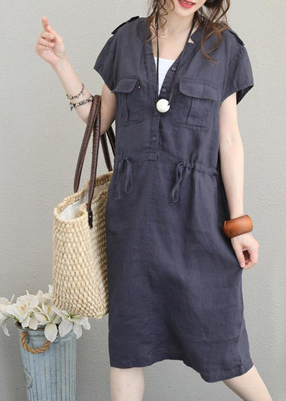 Modern V Neck Drawstring Linen Summer Clothes Cotton Navy Dresses