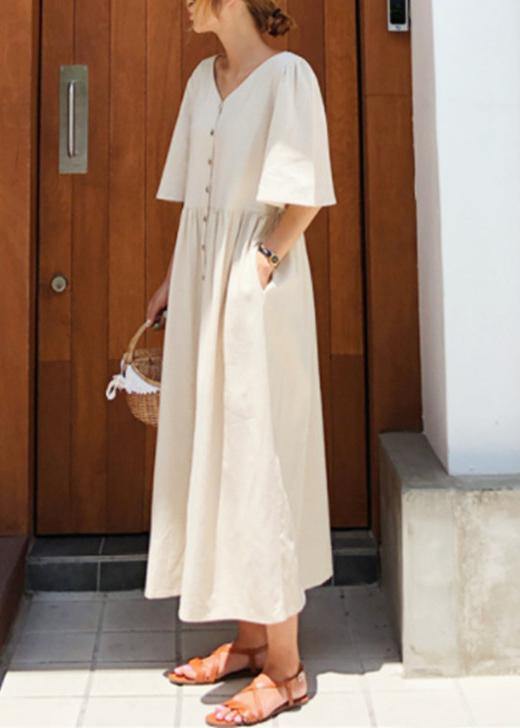 Modern V Neck Flare Sleeve Cotton Linen Summer Dress Runway Beige Dresses