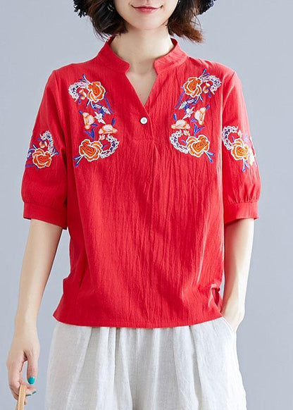 Modern V Neck Linen Cotton Crane Tops Red Embroidery Silhouette Shirts Summer