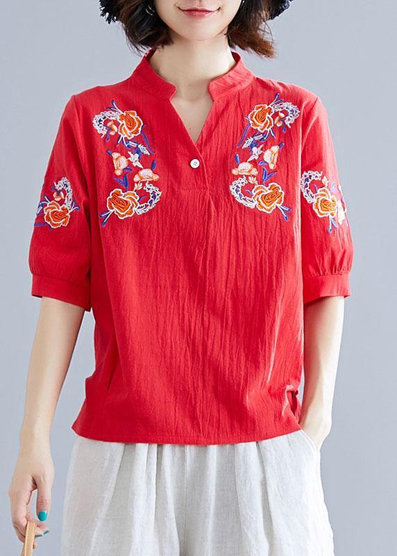 Modern V Neck Linen Cotton Crane Tops Red Embroidery Silhouette Shirts Summer