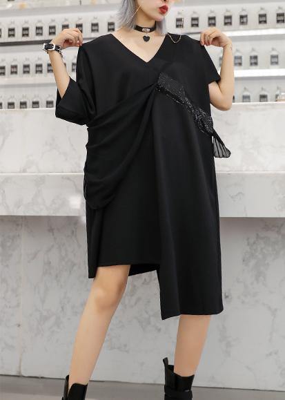 Modern V Neck Patchwork Cotton Dress Catwalk Black Dresses Summer