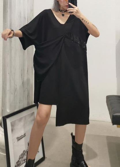 Modern V Neck Patchwork Cotton Dress Catwalk Black Dresses Summer