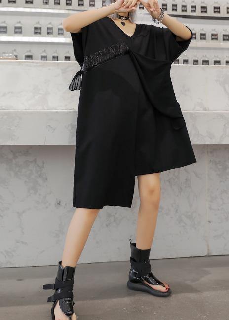 Modern V Neck Patchwork Cotton Dress Catwalk Black Dresses Summer