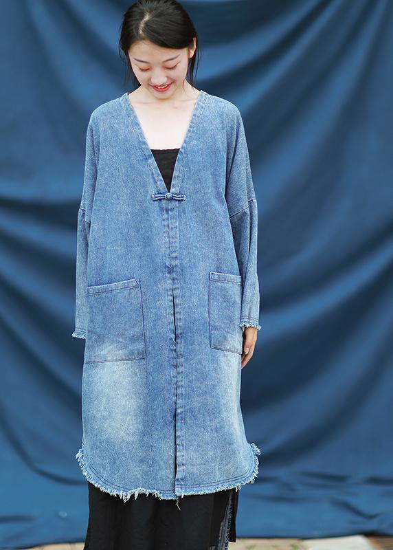 Modern V Neck Quilting Dresses Denim Blue Embroidery Dress