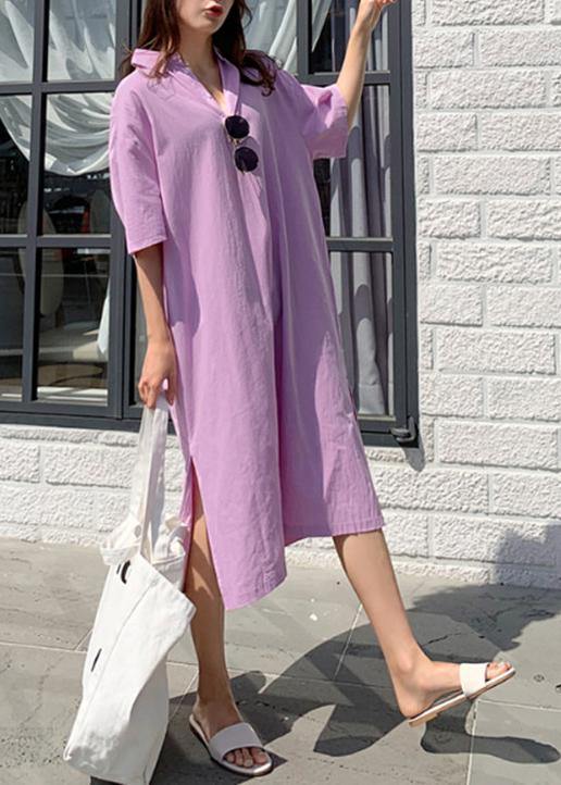 Modern V Neck Side Open Linen Cotton Clothes for Shirts Purple Dress
