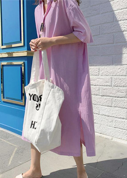 Modern V Neck Side Open Linen Cotton Clothes for Shirts Purple Dress
