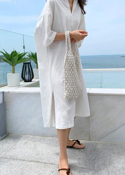 Modern V Neck Side Open Linen Cotton Clothes for Shirts Purple Dress
