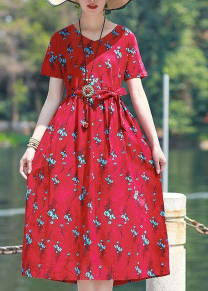 Modern V Neck Tie Waist Linen Cotton Clothes Work Red Print Dress Summer