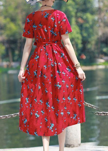 Modern V Neck Tie Waist Linen Cotton Clothes Work Red Print Dress Summer