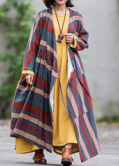 Modern V Neck Tie Waist Linen Cotton Dresses Shirts Multicolor Striped Dress Spring