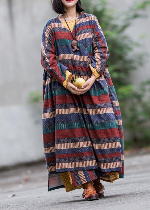 Modern V Neck Tie Waist Linen Cotton Dresses Shirts Multicolor Striped Dress Spring