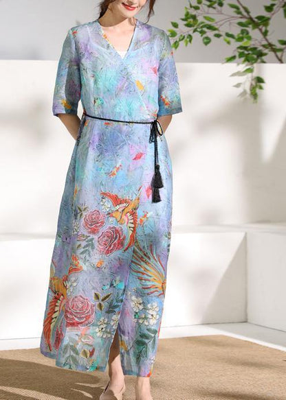 Modern V Neck Tie Waist Linen Summer Clothes Design Blue Print Dress