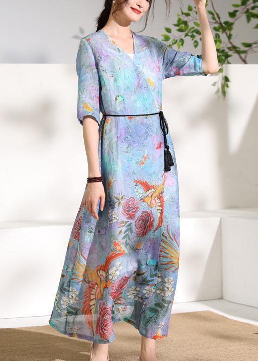 Modern V Neck Tie Waist Linen Summer Clothes Design Blue Print Dress