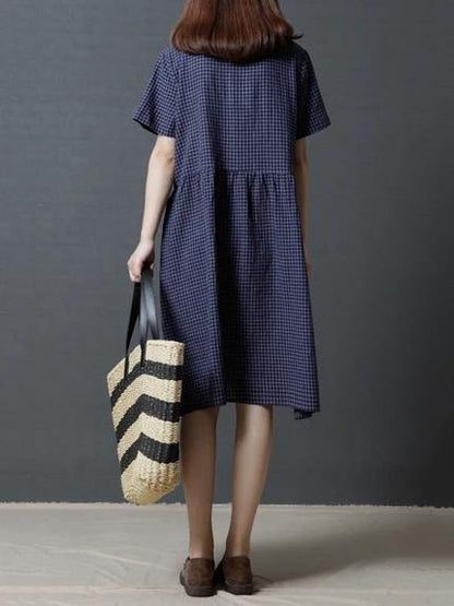 Modern V Neck Cinched Cotton Dress Shirts Navy Plaid Dress
