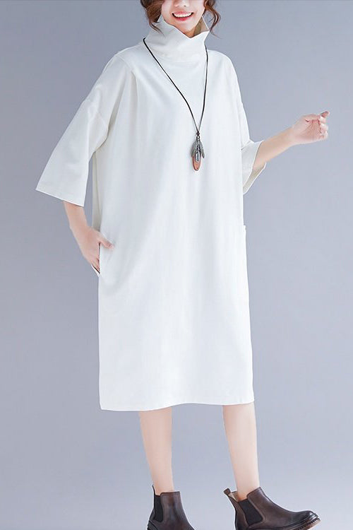 Modern White Knit Tunics High Neck Half Sleeve Baggy Spring Dress