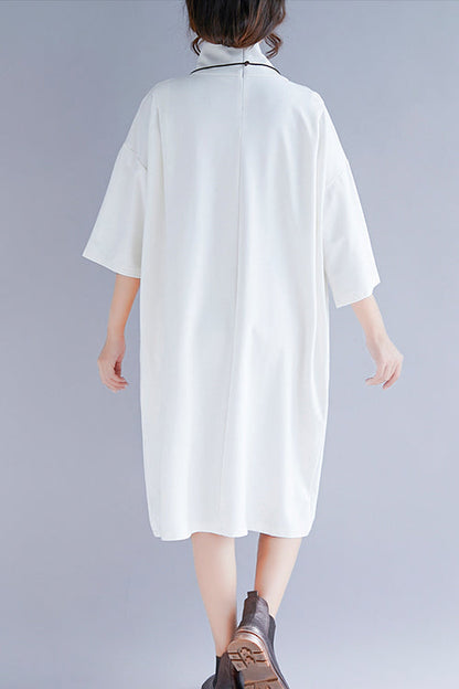 Modern White Knit Tunics High Neck Half Sleeve Baggy Spring Dress