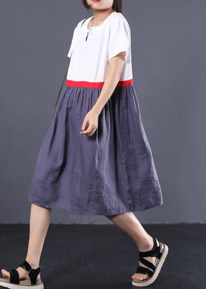 Modern White Patchwork Linen Clothes V Neck Summer Dress