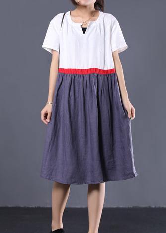 Modern White Patchwork Linen Clothes V Neck Summer Dress