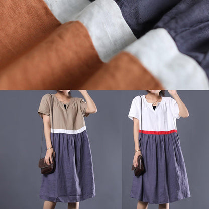 Modern White Patchwork Linen Clothes V Neck Summer Dress