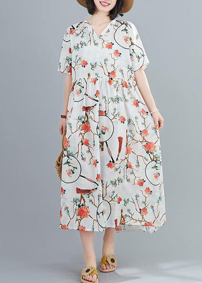 Modern White Print Tunics for V Neck Short Sleeve Art Summer Dresses