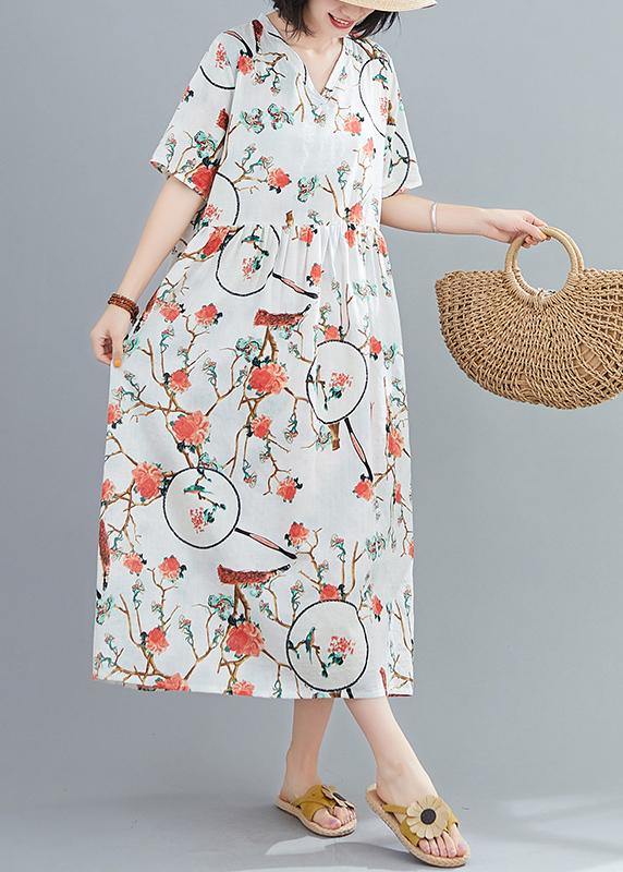 Modern White Print Tunics for V Neck Short Sleeve Art Summer Dresses