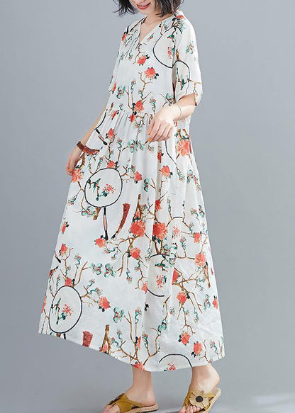 Modern White Print Tunics for V Neck Short Sleeve Art Summer Dresses
