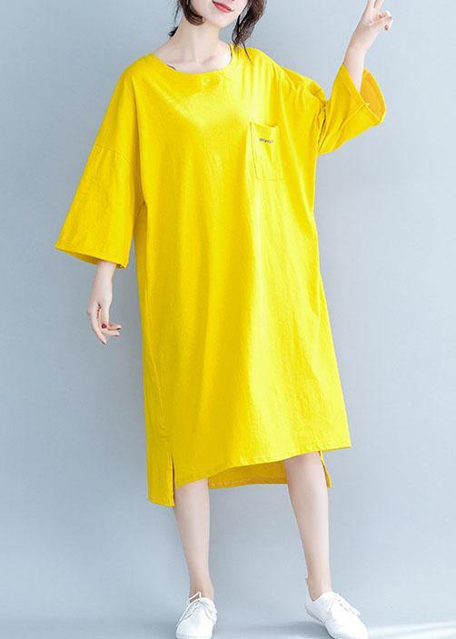 Modern Yellow Cotton Clothes for O Neck Half Sleeve Tunic Dress