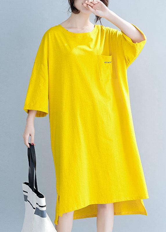 Modern Yellow Cotton Clothes for O Neck Half Sleeve Tunic Dress