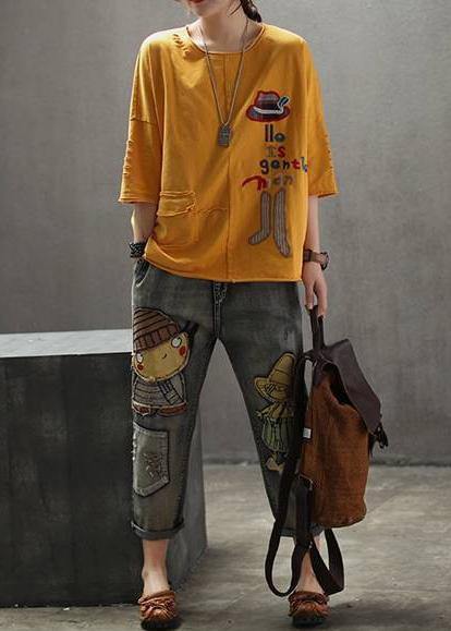 Modern Yellow Cotton Clothes for Organic Embroidery Letter Summer Drop Shoulder Sleeve T-shirt