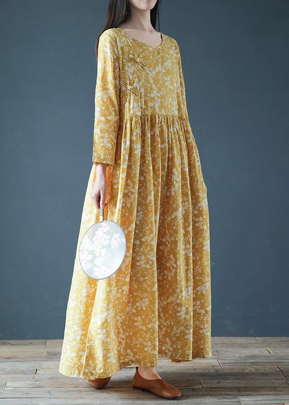 Modern Yellow Print Dresses O Neck Chinese Button Robes Fall Dress