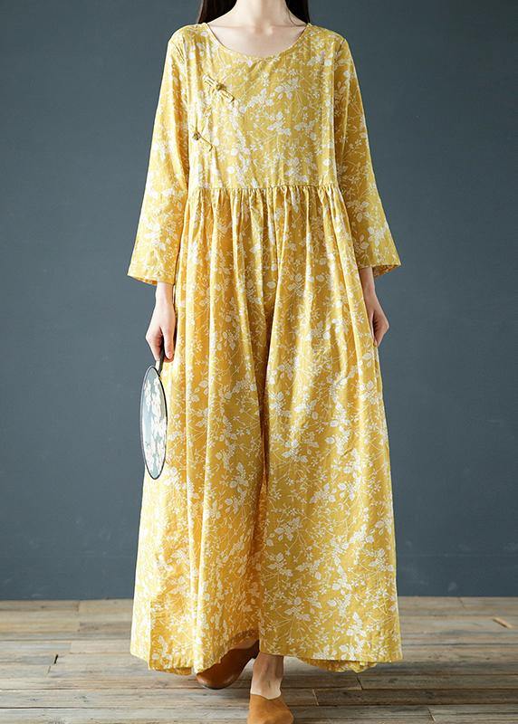 Modern Yellow Print Dresses O Neck Chinese Button Robes Fall Dress