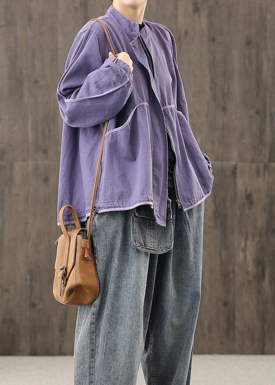 Modern Zippered Pockets Crane Tops Work Outfits Purple Top