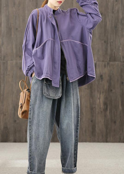 Modern Zippered Pockets Crane Tops Work Outfits Purple Top