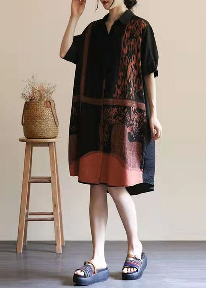 Modern Cotton Box Top Ramie Retro Print Short Sleeve Blouse
