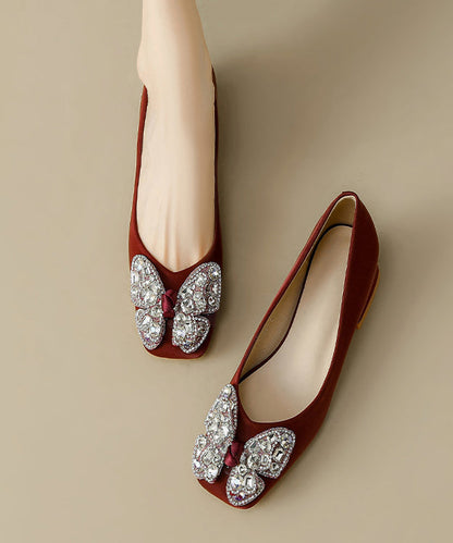 Mulberry Bow Zircon Splicing Satin Chunky High Heels