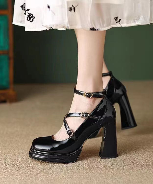 Mulberry Buckle Strap Splicing Chunky High Heels
