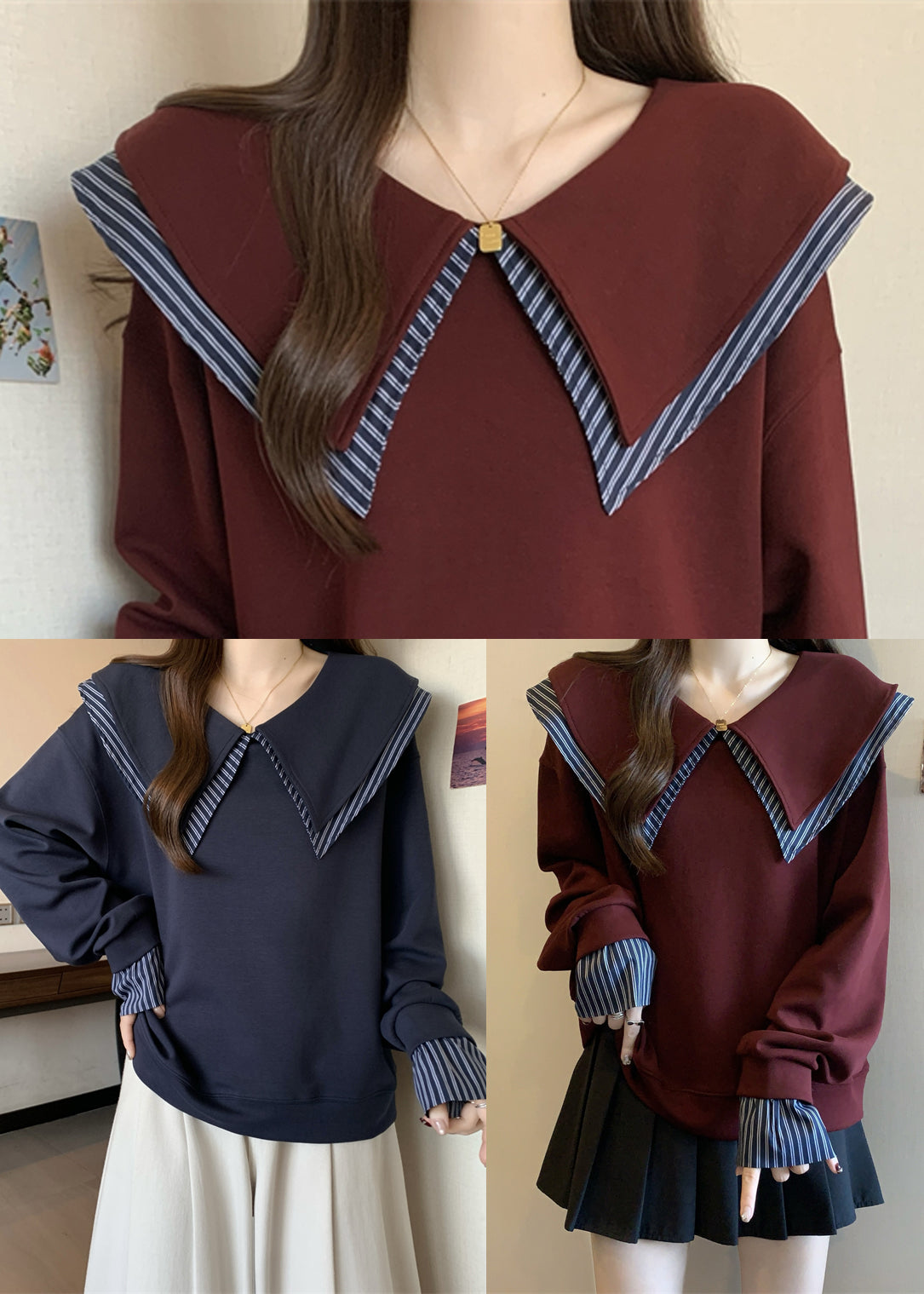 Mulberry Patchwork Cotton Fake Two Piece Sweatshirts Oversized Fall