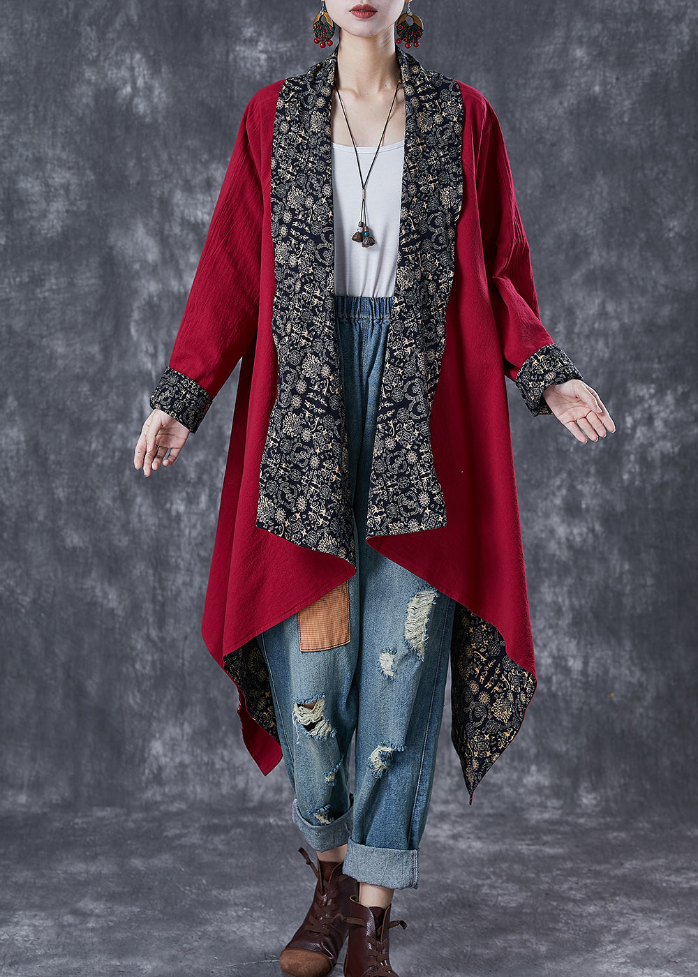 Mulberry Print Cotton Trench Asymmetrical Wear on Both Sides Fall