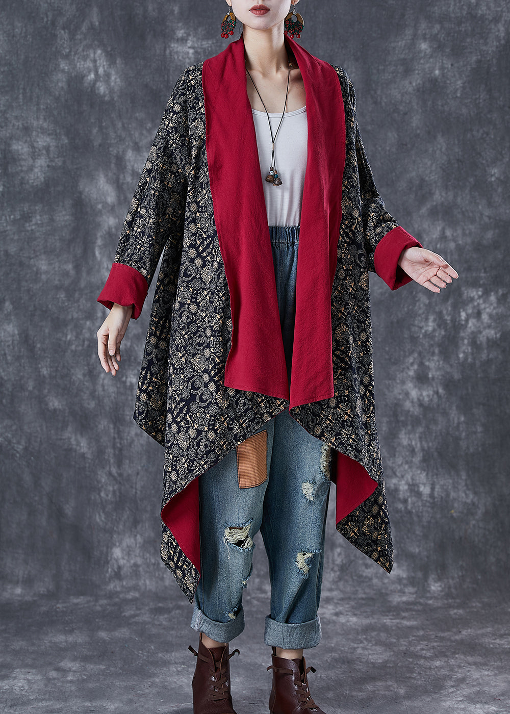 Mulberry Print Cotton Trench Asymmetrical Wear on Both Sides Fall