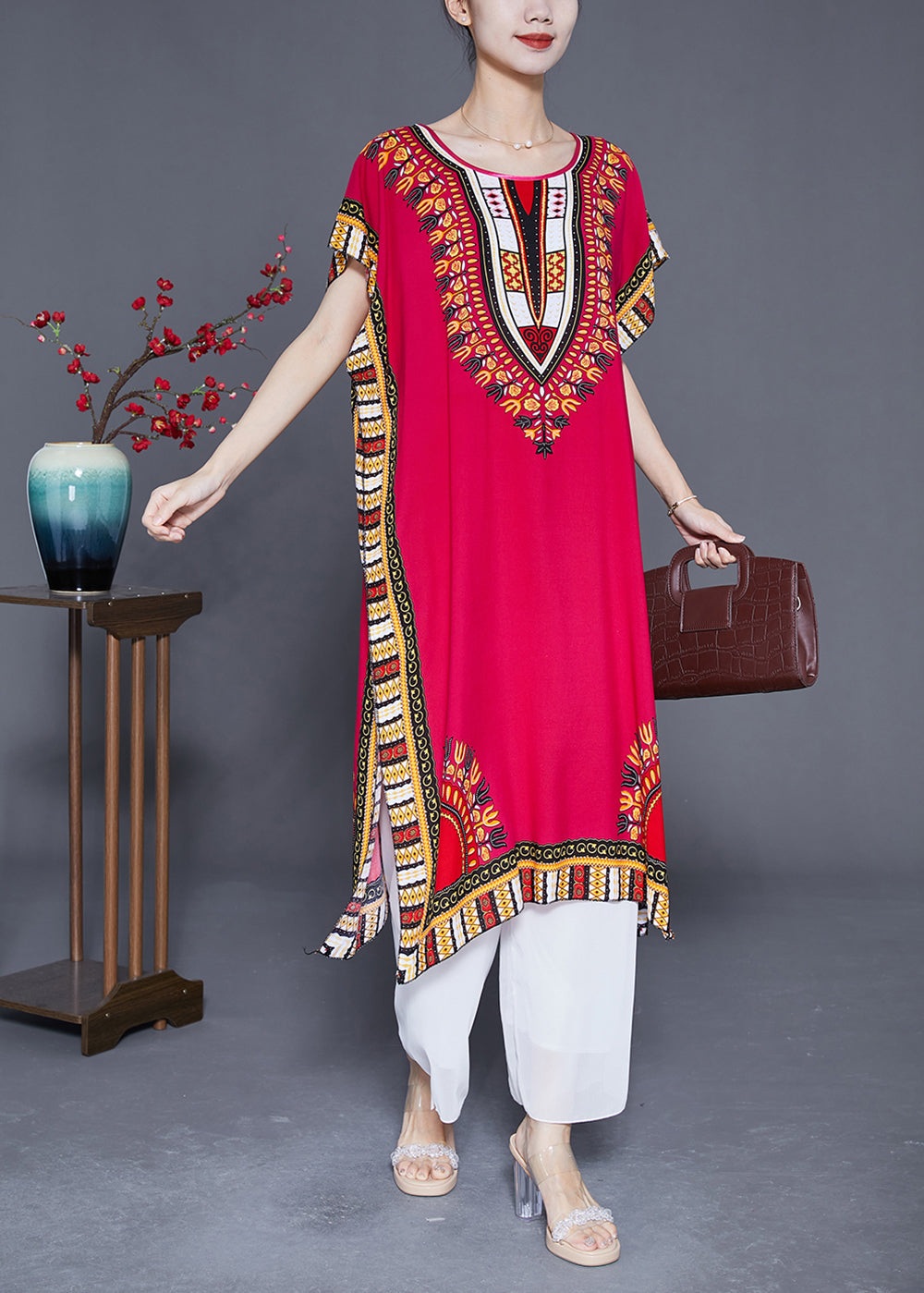 Mulberry Print Loose Cotton Dress O-neck Side Open Summer
