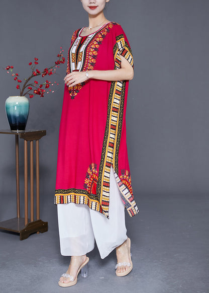 Mulberry Print Loose Cotton Dress O-neck Side Open Summer