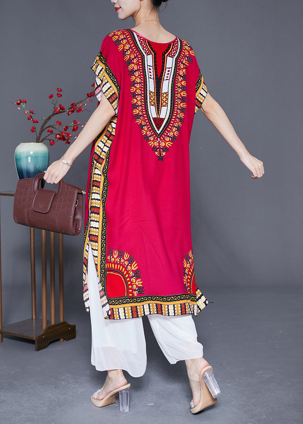 Mulberry Print Loose Cotton Dress O-neck Side Open Summer