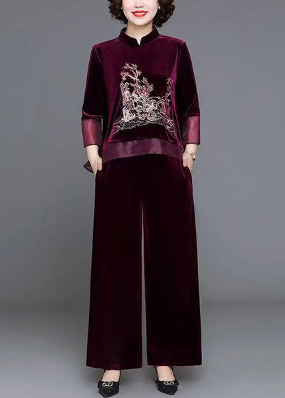 Mulberry Tops and Pants Velour Two Piece Set Embroideried Fall