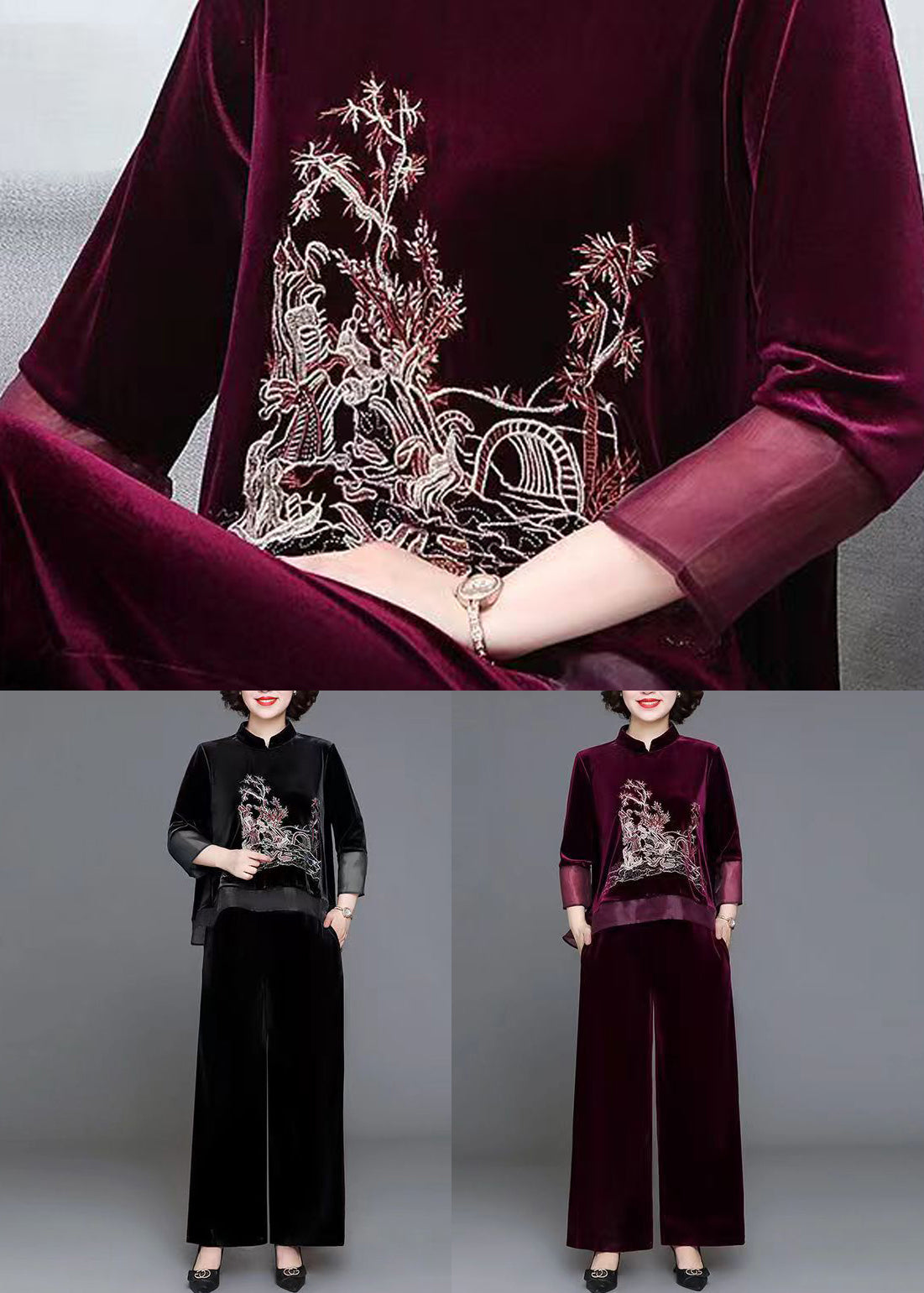 Mulberry Tops and Pants Velour Two Piece Set Embroideried Fall