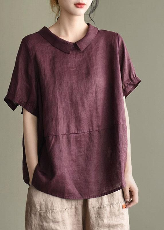 Mulberry Patchwork Turn-down Collar Summer Linen Shirt Top