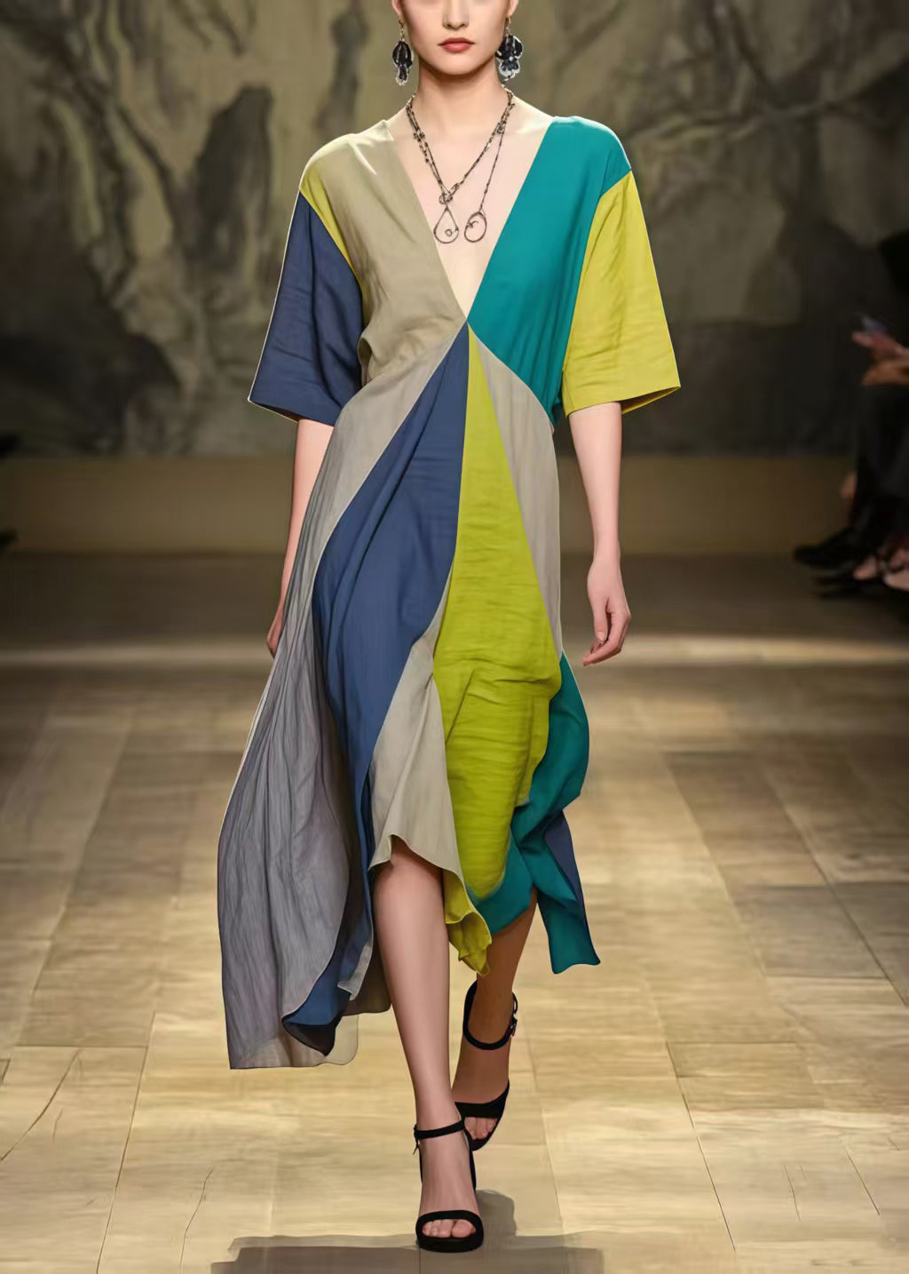 Multicolour Patchwork Cotton Dress Asymmetrical Exra Large Hem Summer