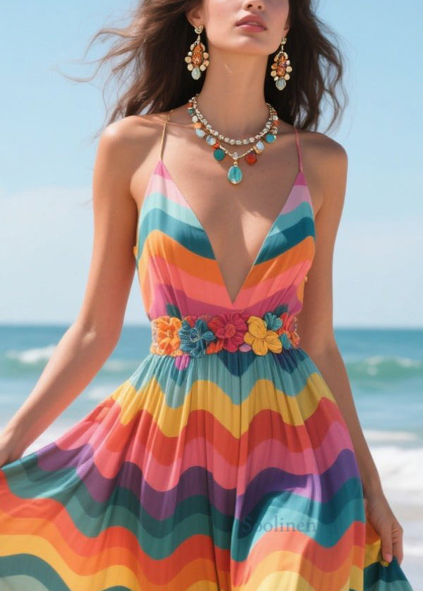 Multicolour Striped Patchwork Lace Vacation Dresses Deep-v Neck Summer